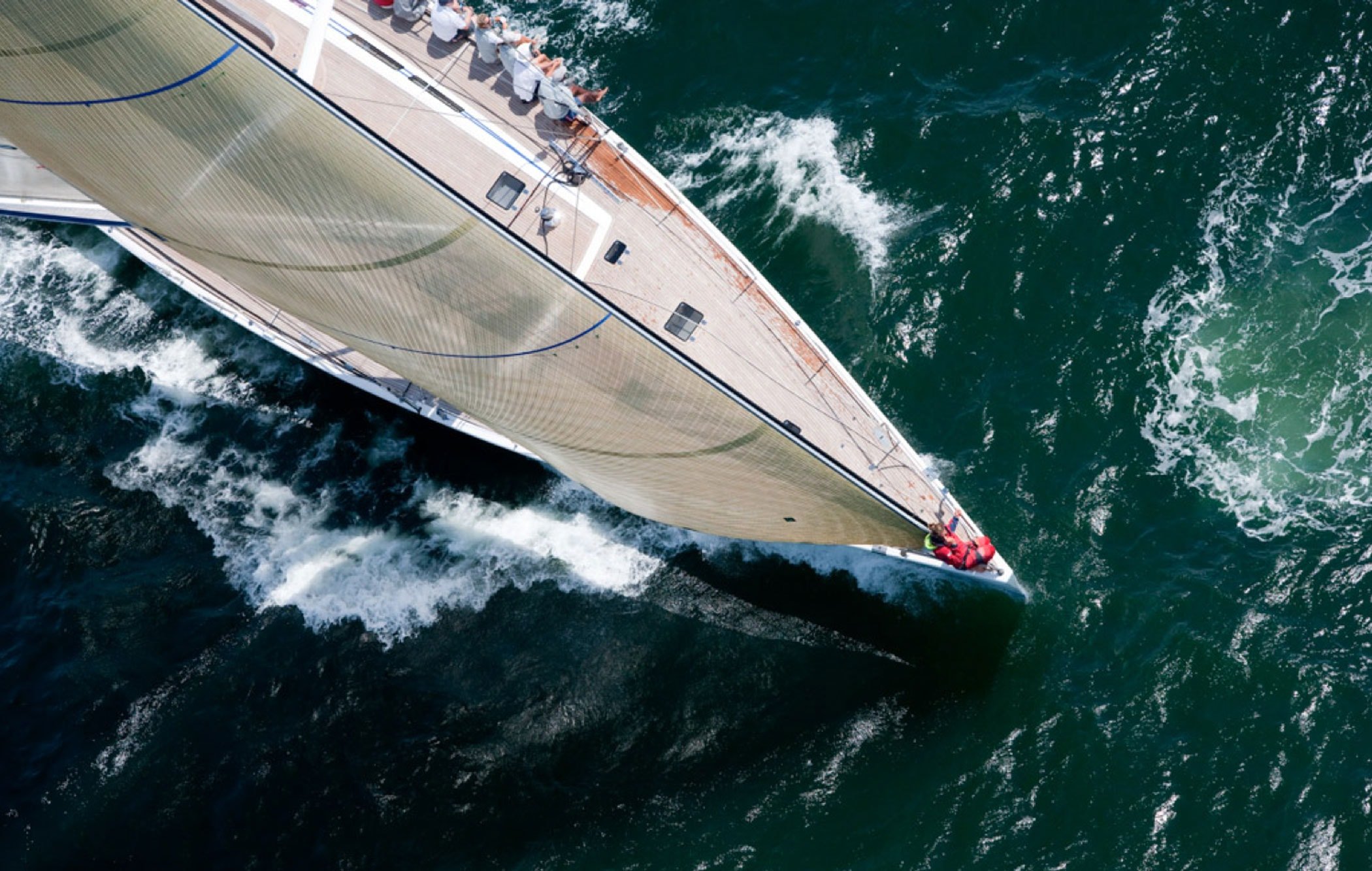 The prow of a large sailing ship, photographed from above.